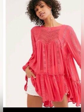 Free People Coral Lace-Paneled Peasant Tunic